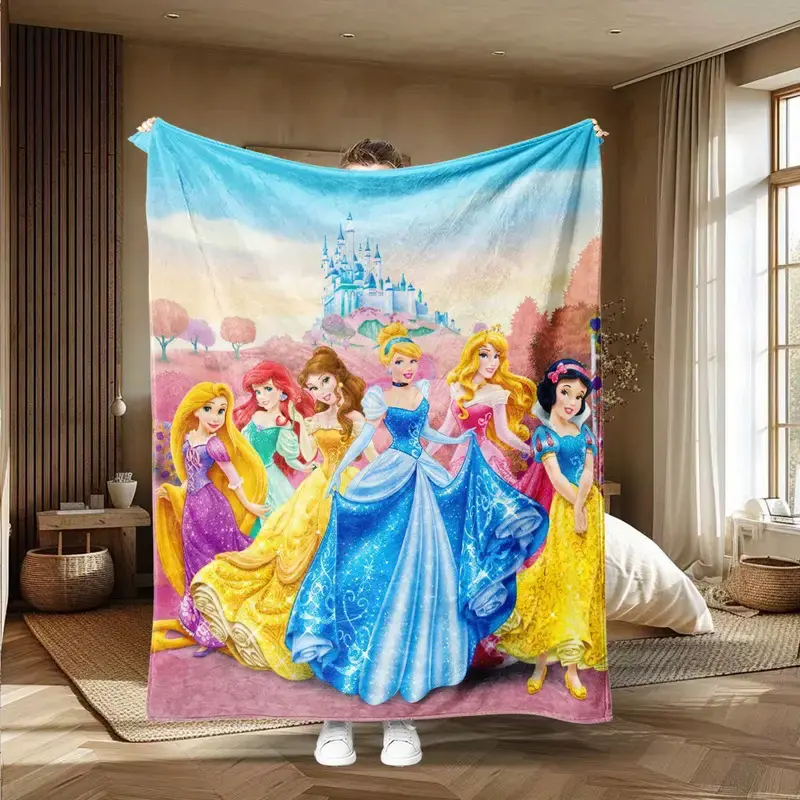 [SummerVibes] DISNEY CLASSIC Princess Flannel Blanket - Colorful Cartoon Design for Bedroom Decor, Gifts, Travel & Camping