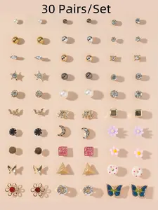 30 Pairs/Set Fashion Star Butterfly Design Earrings Rhinestone Decor - Stackable Stud Earrings Earring Stacking Set for Women & Man, Delicate Jewelry Perfect for Engagement Weddings, Daily Wear Mother's Day Gift