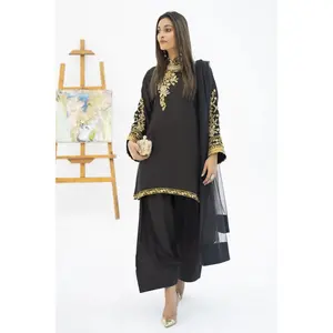 Aabpara Timeless Farshi Charm FTA12 - Black Raw Silk Shirt with Zarri Sequin Embroidery & Traditional Farshi Shalwar Set for Eid