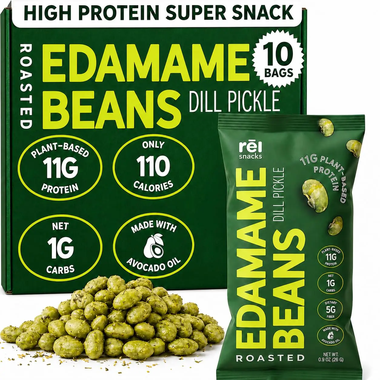 Rel Snacks Dill Pickle Roasted Edamame Beans, High-Protein Plant-Based Snack, 11g Protein, 1g Net Carbs, Keto-Friendly, Vegan, Non-GMO, 10 x 0.9 oz Packs