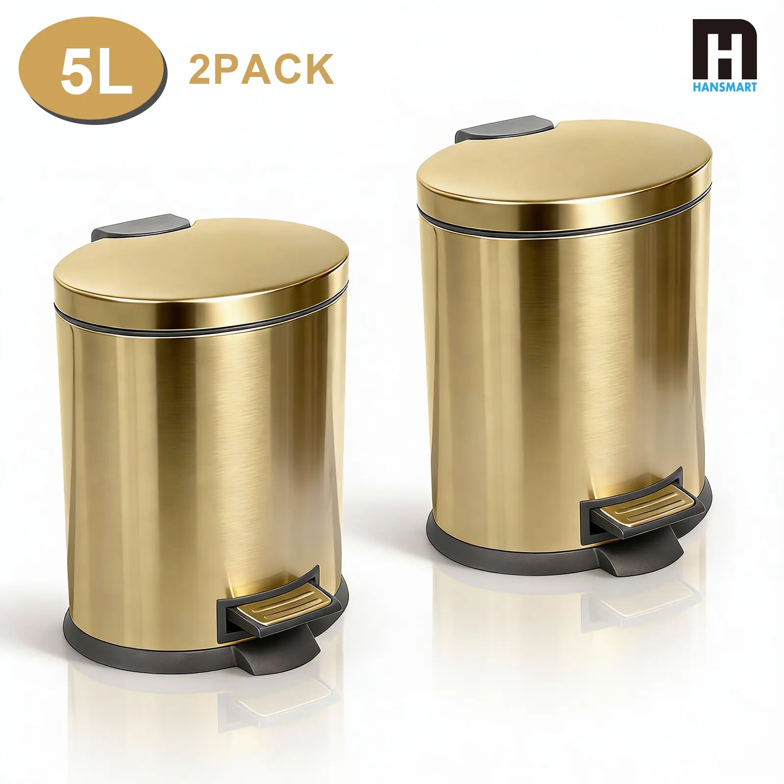 Gold 2-Pack 5L Stainless Steel Foot Pedal-Operated Lidded Garbage & Trash Can Boxed Set, Modern Sealed Odor Control Easy-Clean Home Care Bin for Bathroom, Office