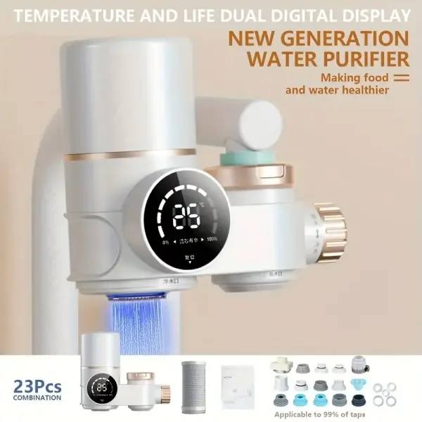 LED Basin Faucet Kitchen Tap Water Filter System, Dual-Head Faucet Filter with Replaceable Sediment Carbon Cartridge, Easy Install Kitchen Taps, Reduces Chlorine Taste & Odor, DIY Setup