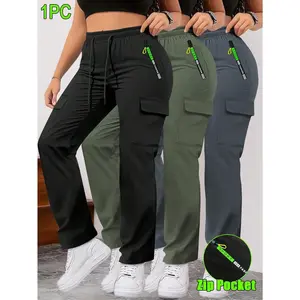 Women's Spring-Fall Casual Sporty Cargo Joggers - Drawstring Waist, Breathable Fabric, Skinny Fit, Large Fashion-Forward Zip Pockets, Ideal for Casual Outdoor Activities, Daily Wear, Casual Joggers, Sporty Joggers