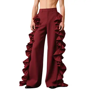 INCERUN Menswear Basic Polyester Pants - High-Waist Ruffled Zipper Straight-Leg Trousers, Drape Fabric, Breathable, Casual Fashion for Holiday Party,summervibes