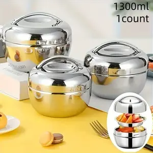 Stainless Steel Leak-Proof Lunch Box, Bento Box, Dual-Layer Insulated Food Container, Microwave Safe, Microwavable Bento Box, Reusable, Round Shape, Ideal for Office & School Use, Leakproof Lunch Box