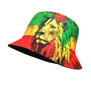 MIACAWOR Retro Lion Print Fisherman Hat - Lightweight Adjustable Unisex Bucket for Outdoor Travel, Beach & Casual Wear, Bold Animal Design with Vibrant Colors, Festival Gear, Hip Hop Style, Texture, Statement Accessory, Goers