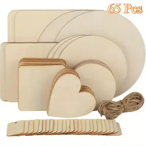65 Pcs Untreated Wooden Board for Crafts,Round Square Heart-Shaped Wooden Discs Blanks Pyrography Painting Writing Staining Wooden Plate Set for DIY Crafts,Party Decor,Christmas Gifts,Hand Tools Kits
