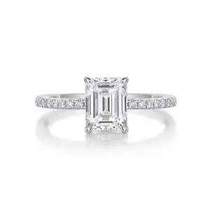 [TW] "Ice" 2ct Emerald Cut Solitaire Moissanite Ring Classic 4 Prong Hidden Halo Setting Solid S925 Sterling Silver alf Iced Out Band 18k Platinum Plated Ring VVS1 D Color Perfect Gift For Her Birthday Valentine Propose (R13088)