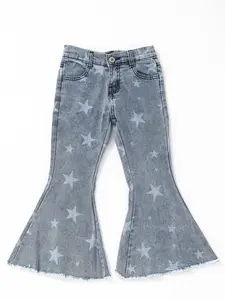 Grey Star Print Denim Stretchy Bell bottoms Girls Jeans