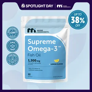 Micro Ingredients Supreme Omega-3 Fish Oil w/Ultra High EPA & DHA, Burpless Softgels | rTG Omega-3 with Vitamin D3 | Wild-Caught Cold Deep-Sea Water | Lemon Flavor, Easy to Swallow