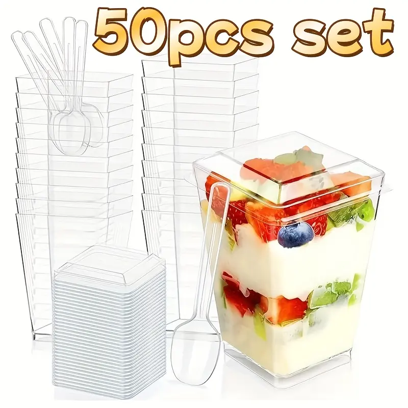 5oz Crystal Plastic Dessert Cups with Lids & Spoons - 50 Disposable Square Parfait Cups, Eco-Friendly Kitchenware for Mousse, Tiramisu, Fruit, Housewarming Events