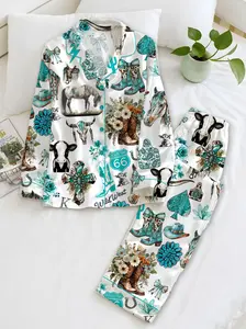 Western Cowgirl Pajama Set, Cowgirl Aesthetic Pajama Satin Set Turquoise Horses, Boots & Cactus Satin Pajamas
