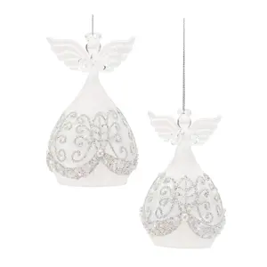 360 stand Christmas Decor Glass Glittered Pearl Angel Teardrop Ornament Set - Melrose 94841DS, 4 Pieces (4 in. & 5 in.), White & Beige, with Hanger, Festive Decoration, Decorated Hanging Ornaments
