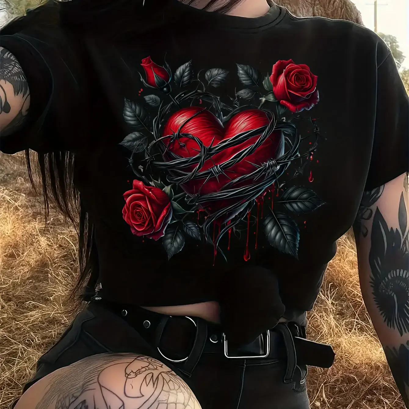 Women's Gothic Bat Wing & Rose T-Shirt with Thorns - Black & Red Heart Print Short Sleeve Top, Medium-Stretch Machine-Washable Fabric for all- Wear, Gothic Outfits, Bat Wing Suitable for Daily Outfits or Halloween Costumes - Trendy Women's Gift