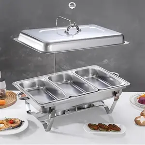 CNCEST 3-Tier Rectangular Stainless Steel Food Warmer Trays - 3.17 qt Large Capacity Buffet Server, Collapsible Stand, Heat-Resistant Easy-to-Clean Home Kitchen Utensil with Modern Design for Parties, Restaurants