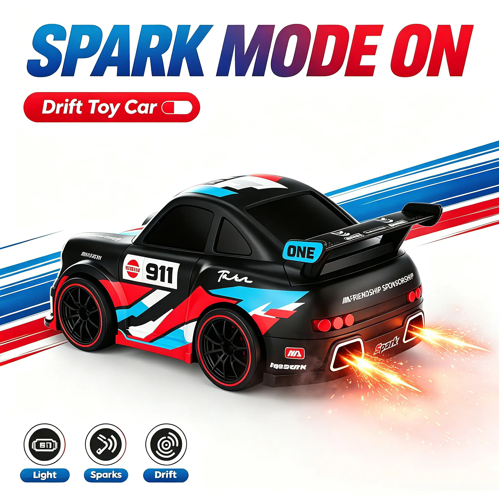 Spark RC Drift Car - Rechargeable High-Speed Remote Control Car for Kids and Adults, LED & DIY Stickers, Hobby Toy Gift