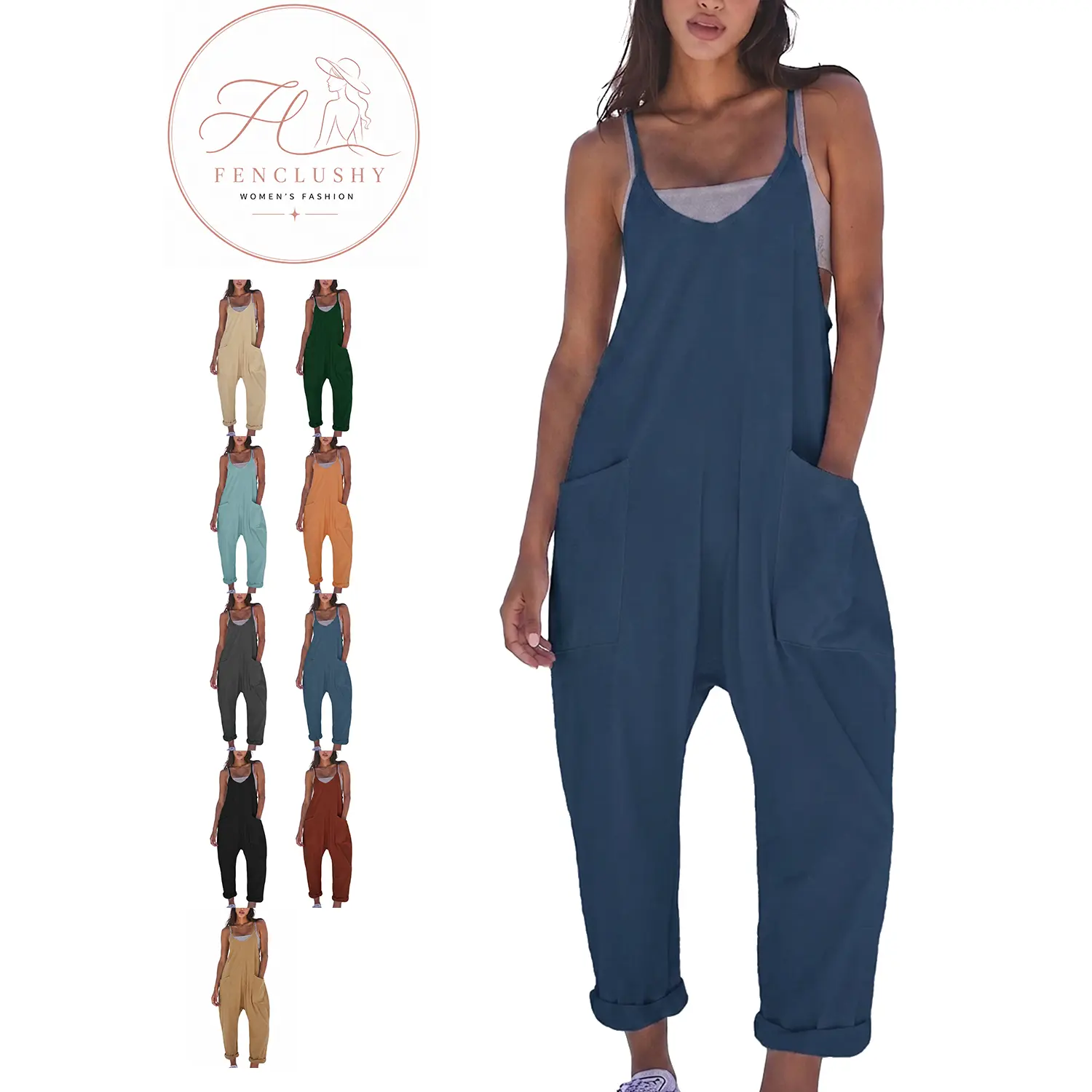 FencLushy Women's Cotton Beach Spaghetti Strap V-Neck Baggy Harem Romper, Adjustable Sleeveless Casual Overalls with Pockets (Perfect for Matching Accessories)