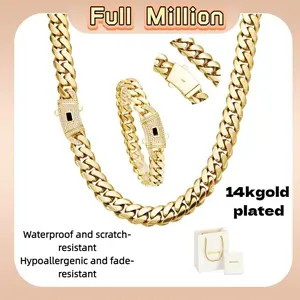 14K gold-plated set, 14K gold electroplating, thick stainless steel chain, diamond and cubic zirconia-studded clasp, double-lock clasp, water-resistant, scratch-resistant, rust-proof,and fade-resistant,Cuban chain,perfect for gifts or couples,Black Friday