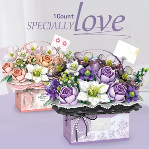 Handheld Building Blocks Bouquet Gift Box Rose Eternal Flower Assembly Toy Home Desktop Decoration Valentine's Day, Mother's Day Gift for Mother, Girlfriend Purple Roses Bouquet,Unique Gift for Her,Pink Flower Artificial Decorative Ornaments