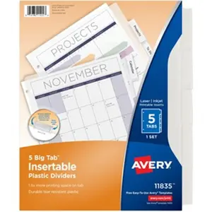 Avery AVE11835 Big Tab Insertable Plastic Dividers - 5-Tab Set, Clear