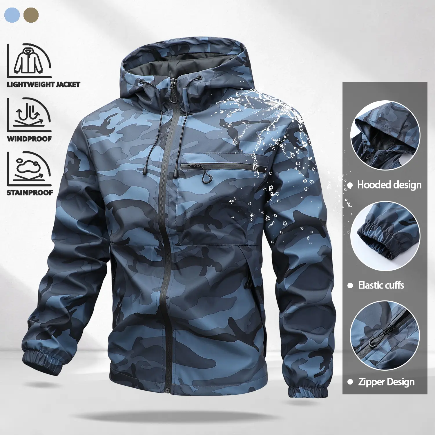 Men’s outdoor camouflage print hooded windproof softshell jacket. Fabric is wear-resistant, skin-friendly, and drapes well. Windproof and water-repellent, lightweight and breathable. Full-zip jacket featuring dual drawstrings for an adjustable sealed hood