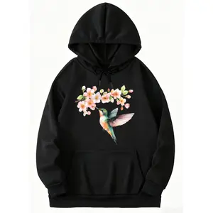 Casual Bohemian Hoodie for Women – Lightweight, Floral and Hummingbird Printed Long Sleeve