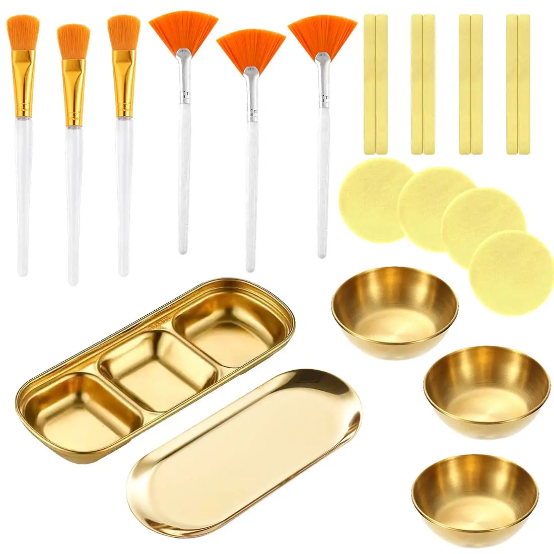 23 Pcs Esthetician Supplies Set,Including 3 Stainless Steel Gold Mixing Bowls,1 Gold Small Serving Tray,3 Compartment Serving Tray,3 Facial Fan Brushes,3 Face Mask Applicator Brush,12 Facial Sponge Compressed Round,Hand Tools Kits
