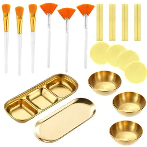 23 Pcs Esthetician Supplies Set,Including 3 Stainless Steel Gold Mixing Bowls,1 Gold Small Serving Tray,3 Compartment Serving Tray,3 Facial Fan Brushes,3 Face Mask Applicator Brush,12 Facial Sponge Compressed Round,Hand Tools Kits