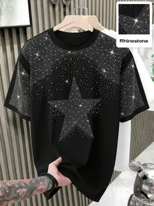 Y2K Shiny Street Style Aesthetic Loose Fit T-Shirt, Round Neck, Rhinestone Starburst Print, Unisex Casual Party Tee, Long Fitted Short Sleeve Top, Casual Streetwear Top