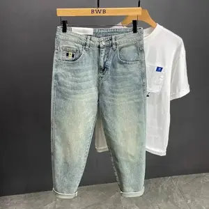 High Street Men's Deisgner Jeans New Spring Autumn Light Blue Loose Straight Leg Casual Denim Pants Slim Fit Washed Trousers