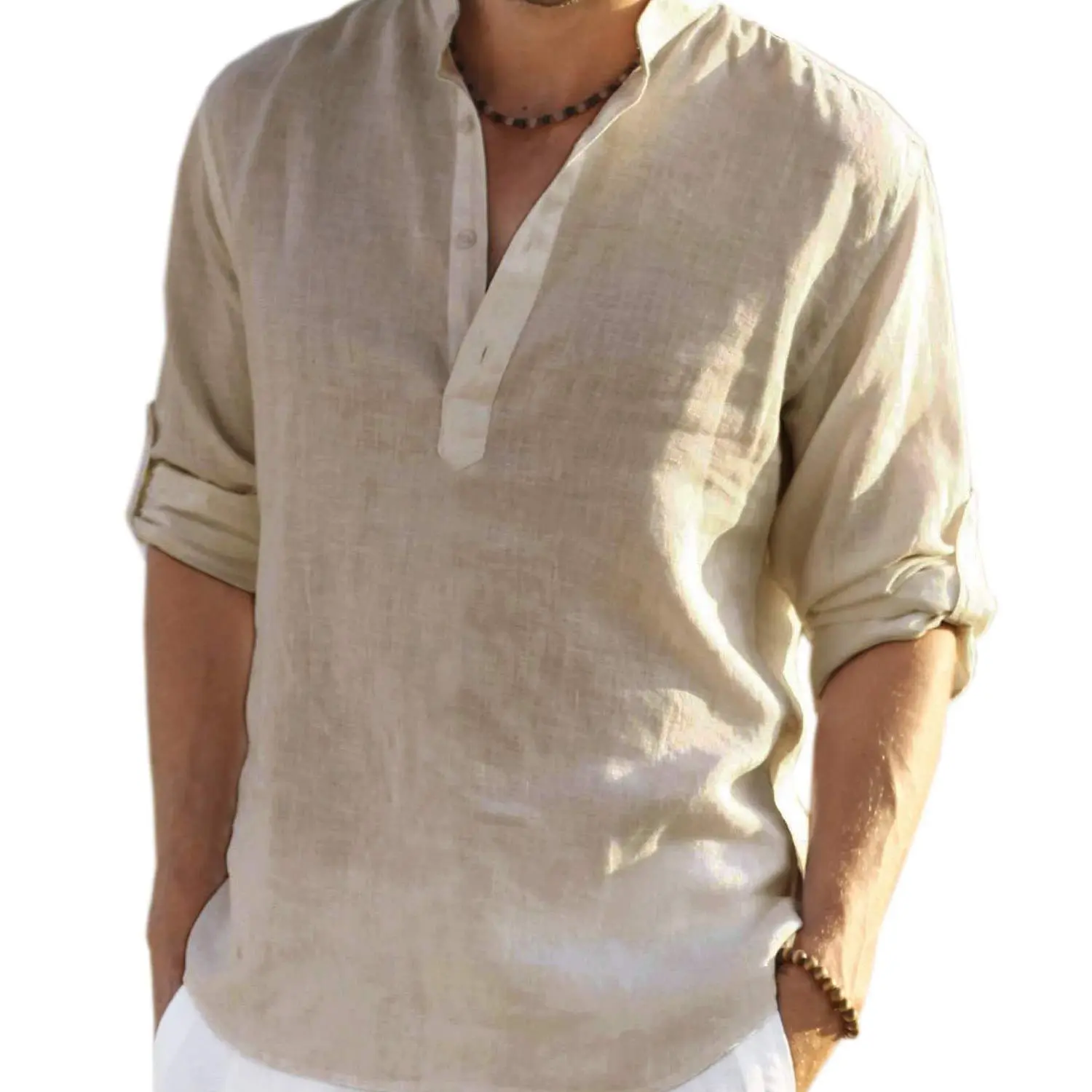 Coofandy Men's Cotton-Linen Henley Shirt, Long Roll-Up Sleeve Casual Hippie Tops, Stand Collar Button Down for Beach Wear or with Jeans,back to school,back to school shopping, Fabric