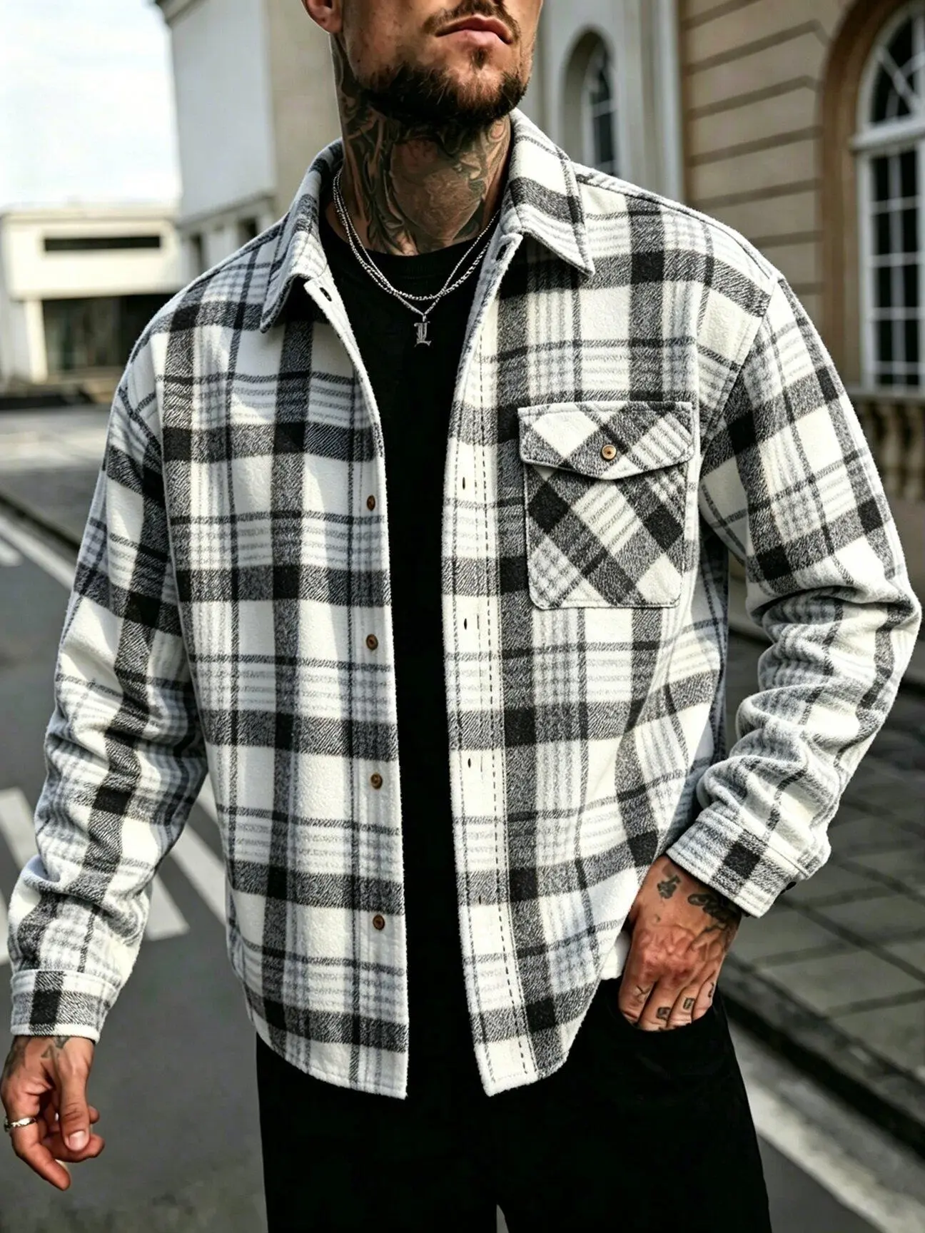 Men’s plaid flannel shirt with a turn-down collar, casual long-sleeve shirt jacket, vintage oversized shirt with pockets, everyday streetwear top