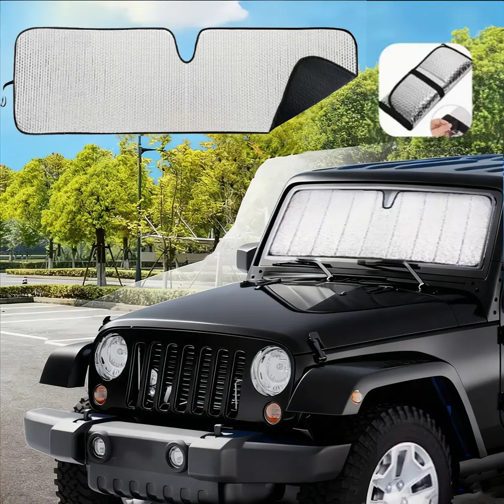 Jeep Wrangler JK Windshield Sun Shade - Specific Fit, Foldable, Silver Reflective Exterior, Black Interior, UV Blocking, Heat Reduction, Cooling Effect, Extra Support, Tool-Free Install, Functional, Interior Cooling
