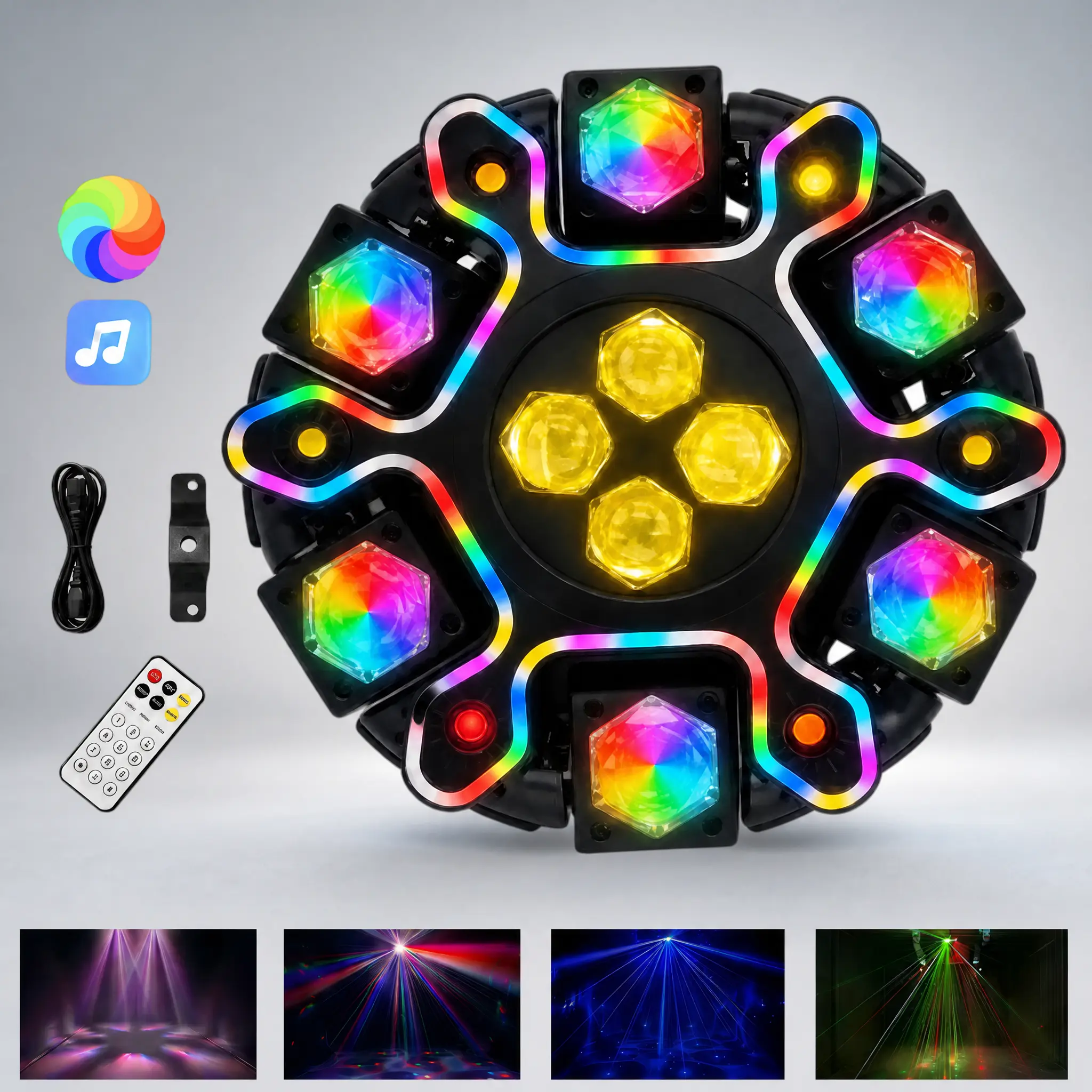200W Moving Head DJ Light - 12-Arm Lighting Structure RGBW LED Aluminum Body, 4-in-1 Bee Eye RGBW Effect, Red/Green Laser, White & Amber Strobe, DMX-512 & Remote for Home Color Changing Commercial Lighting