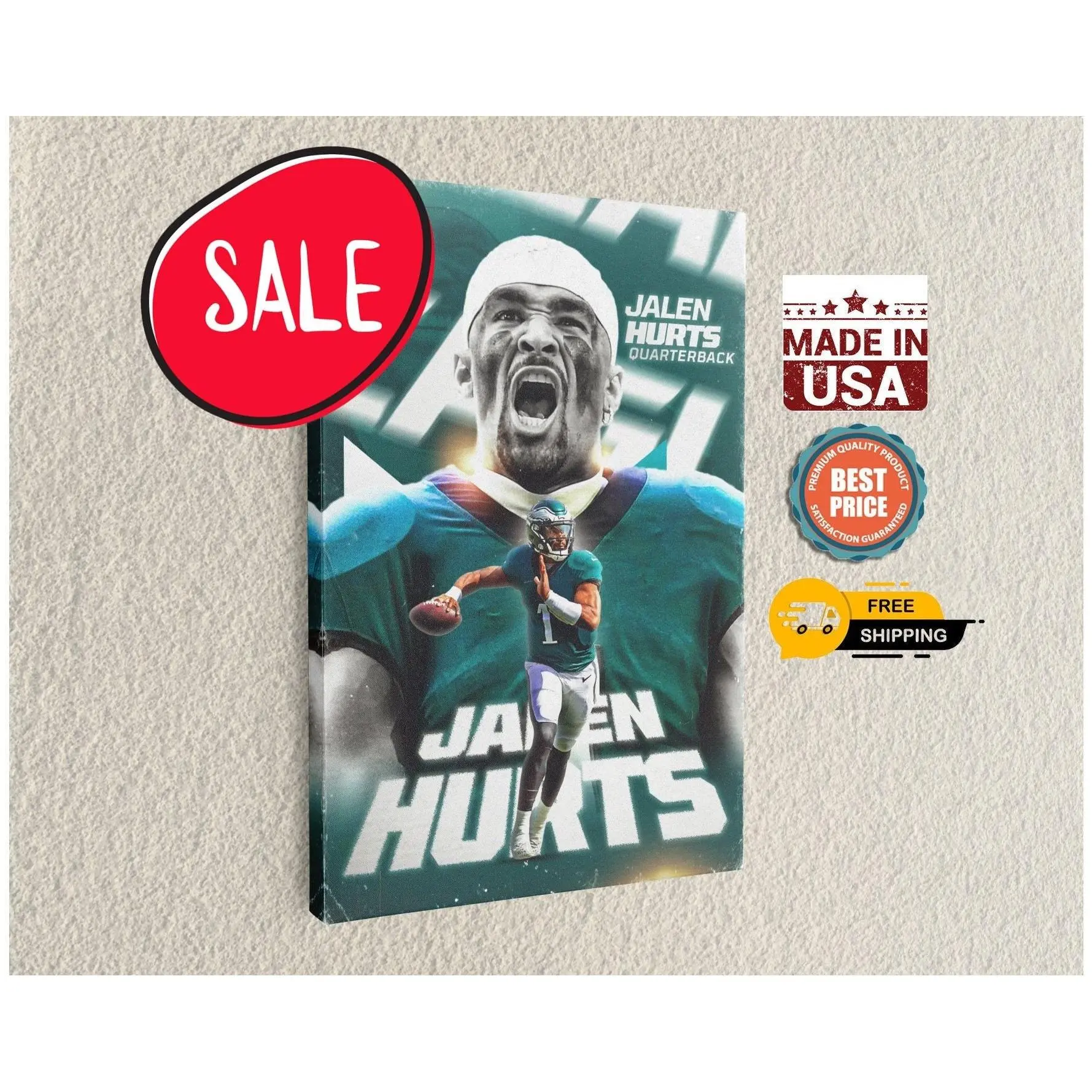 American Football Superstar Eagles Quarterback Canvas Print, Bold Sports Fan Wall Art, Ultimate Game Day Decor for Man Cave, Handcrafted