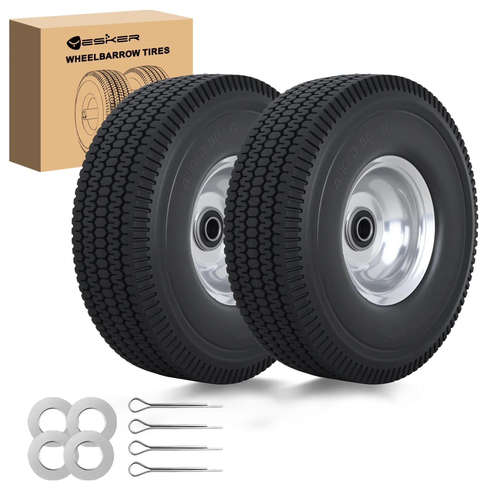 Yesker 4.10/3.50-4" Flat Free Tread Solid Polyurethane Tires & Wheels Replacement, 10" 5/8" Axle Bore Bearing High Load Performance 2-Pack for Wheelbarrow, Garden Cart Transportation, Solid Tire