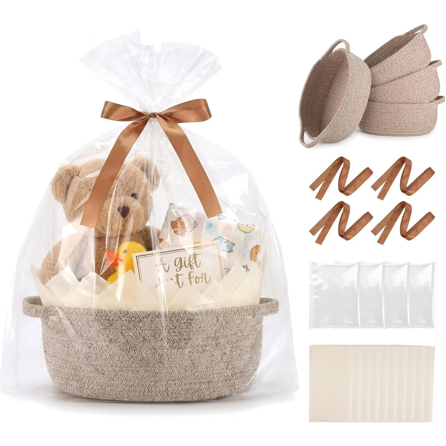 4 Pack Small Woven Baskets with Gift Bags, Ribbons, Wrap Tissue Papers – Gift Baskets Empty to Fill for Valentines, Baby Shower, Easter, Christmas Day, Decorative Storage Bins for Toys