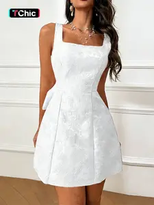 Women's Plain Bow Decor Dress, Elegant Fashion Casual Sleeveless Short Dress for Party Club Dating Wear, Ladies Dress for Spring Summer Womenswear