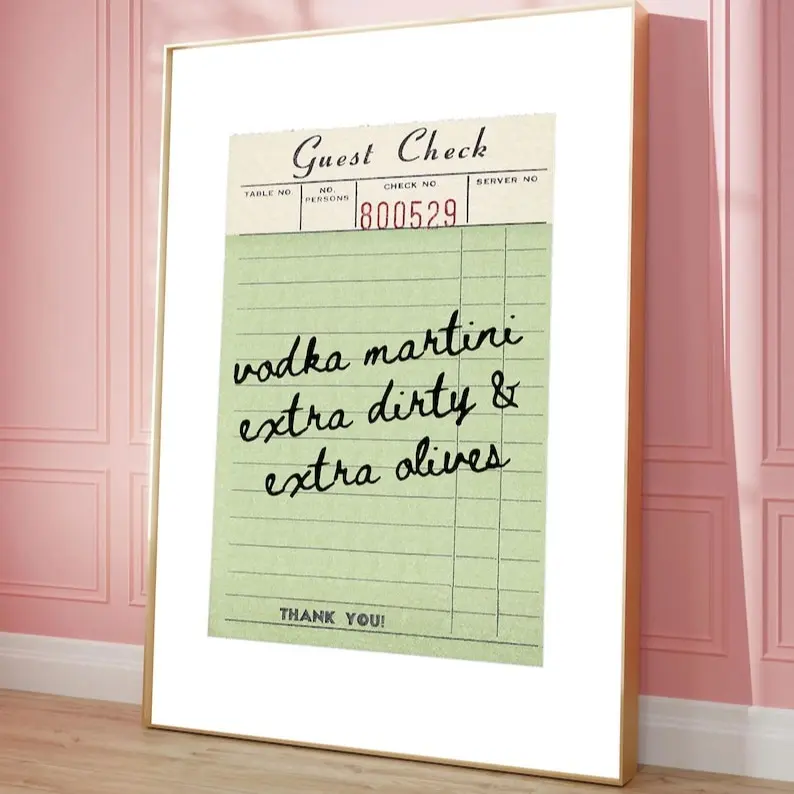 Vodka Dirty Martini Guest Check Print Typography Poster Girly Preppy Room Cocktail Bar Cart Decor Kitchen Wall Art Retro Dorm Poster No Frame