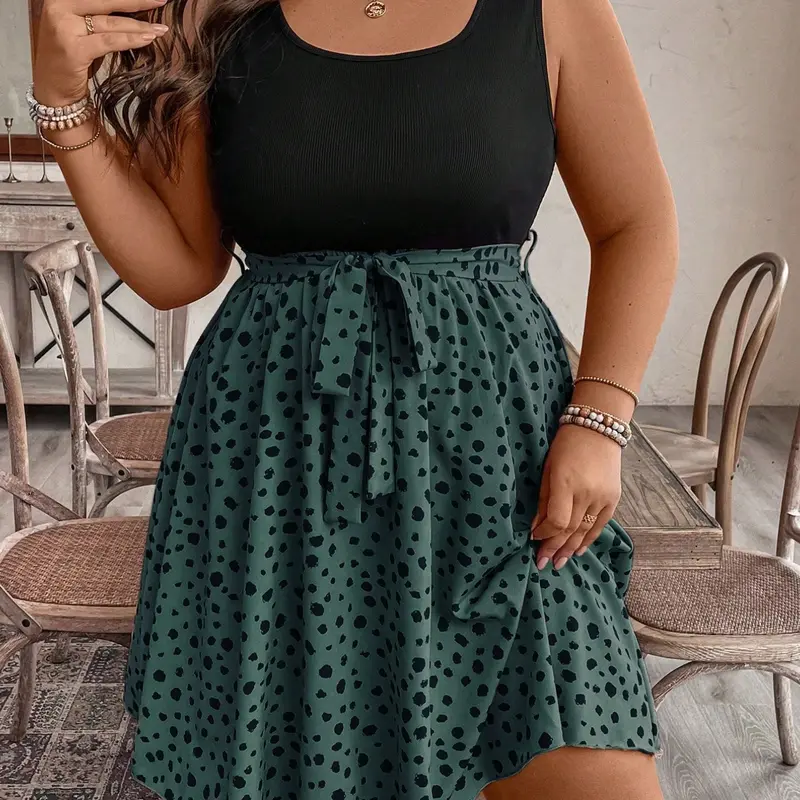 Plus Size Women's Patchwork Tie Front Sleeveless, Stylish, Elegant and Comfortable Casual Wear, Beach Holiday Dresses