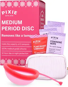 Pixie Menstrual Disc for Feminine Care - Ranked 1 for Best Tampon Alternative Period Disc - 100% Medical-Grade Silicone - Removes Like a Tampon - Wear 12 Hours - Capacity of 5 Tampons (Medium, Pink)