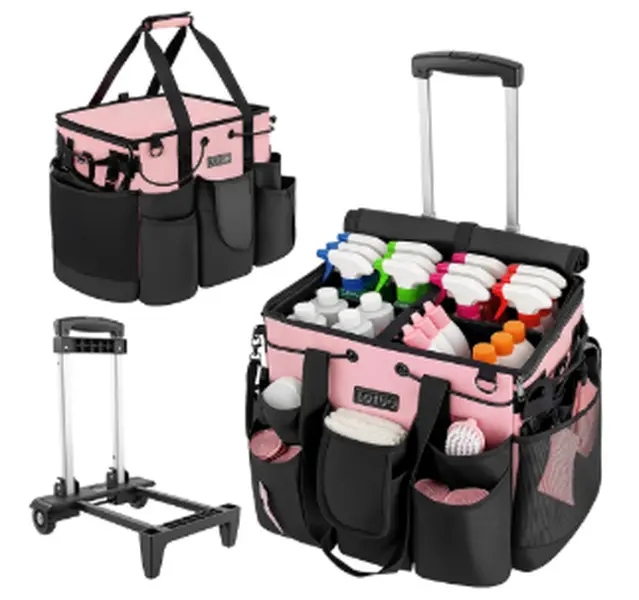 Water-Resistant Cleaning Caddy with Wheels for Housekeepers, 900D Oxford Organizer Tote with Detachable Straps & Adjustable Panels, 16x11.8x13", Tote Organizer, Organizer Bag