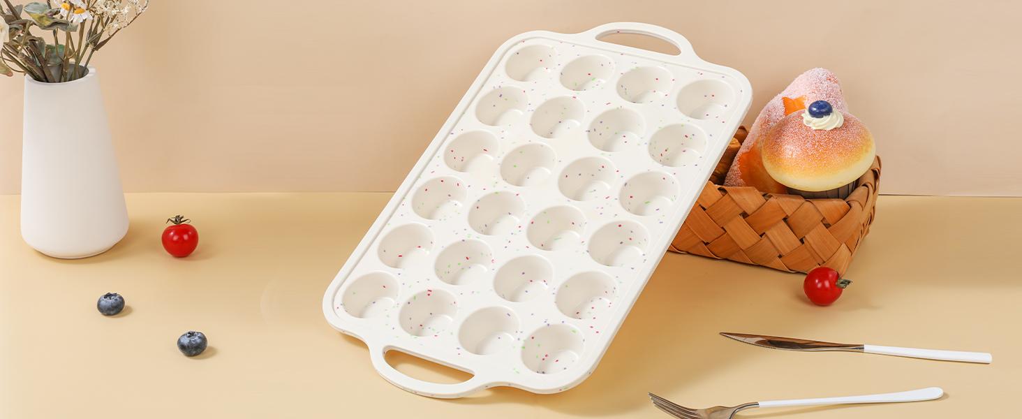 24-Cup Silicone Mini Muffin Pan with Metal Reinforced Frame, BPA-Free Dishwasher-Safe Beige Tray with Rainbow Spots for Baking Muffins, Cupcakes, Muffin Tin, Creamy Confetti