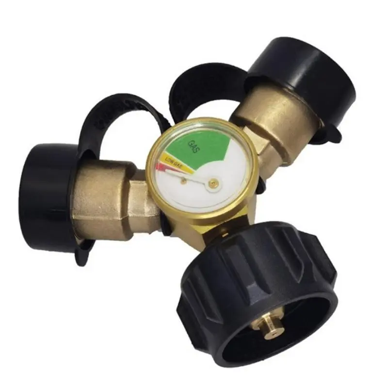 Propane Tank Y Splitter with Gauge and Shut-Off Valve, 2 Way Splitter Adapter Fitting for Gas Grills, Heaters, Camping Stoves, BBQ Griddles, Gas Burners