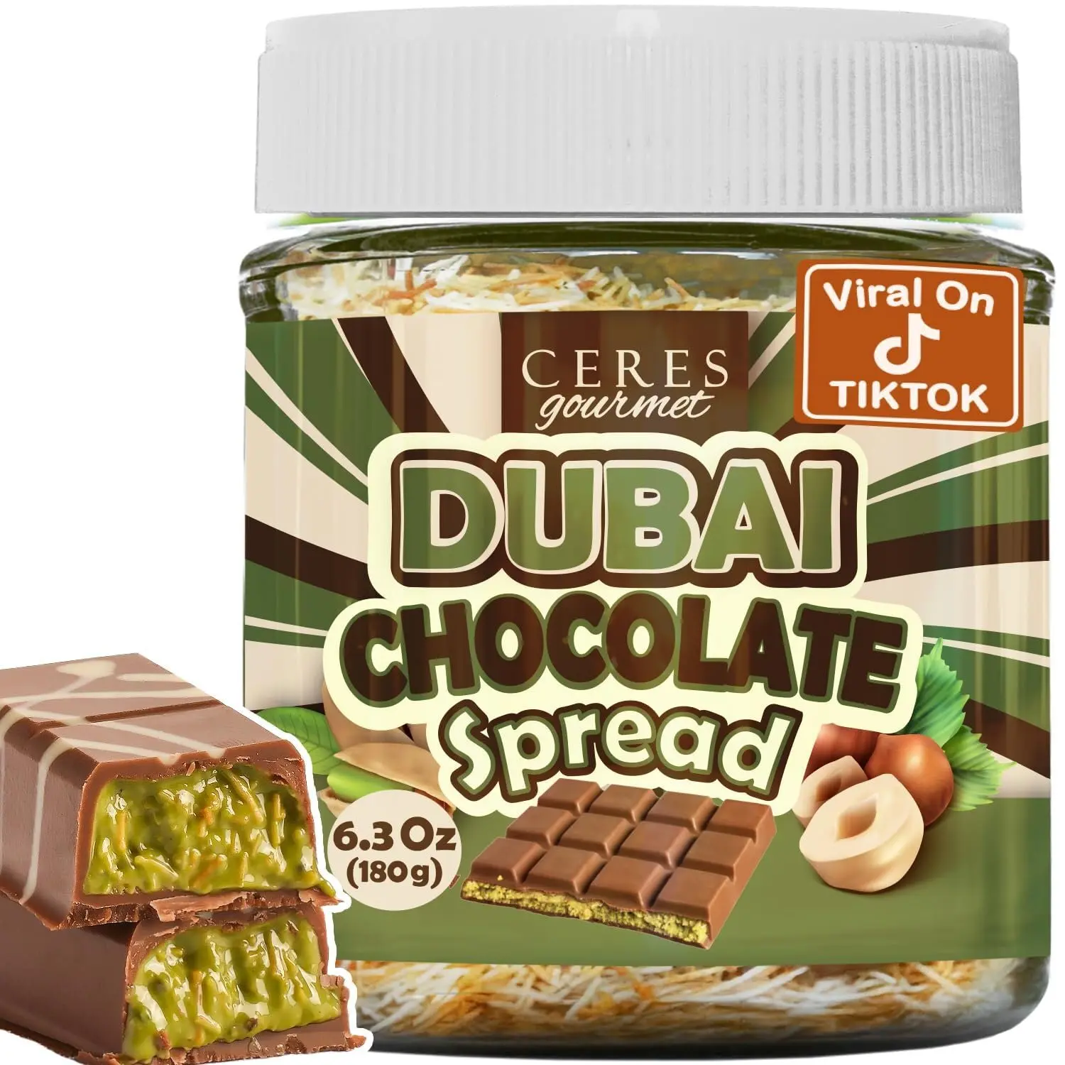 Dubai Chocolate Spread – 6.3 oz Jar with Pistachio, Kataifi & Gourmet Dubai Chocolate Filling for Pancakes, Breakfast, Snacks, and Desserts