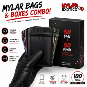 50 Mylar Bags + 50 Matching Boxes Combo | Assorted Designs 4x5 Storage Set