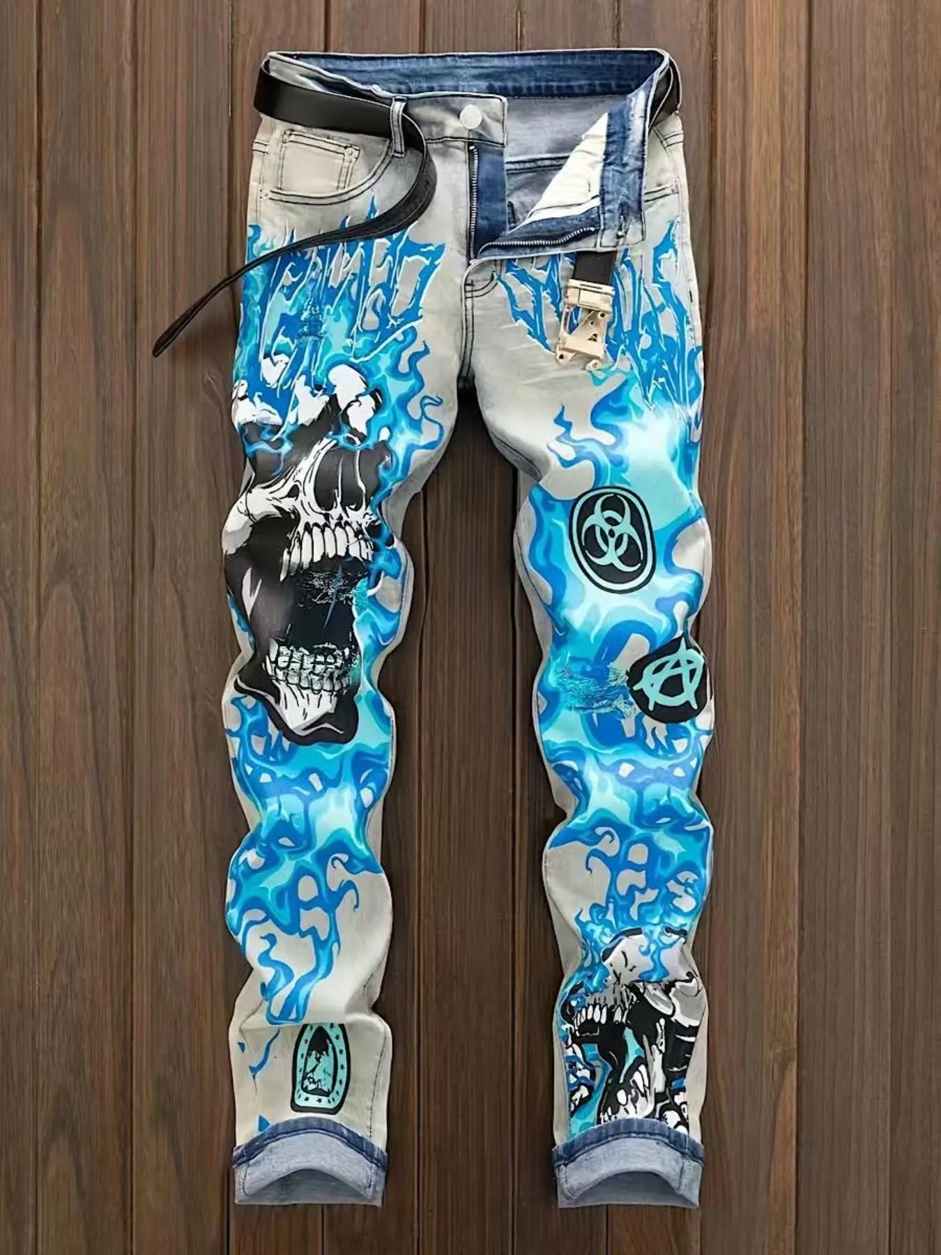 Men's Skull Print Denim Jeans, Regular Fit Casual Comfy Pencil Pants, Graphic Pants for Daily Wear, Fashion Men's Bottoms for All Seasons, Printed Pants
