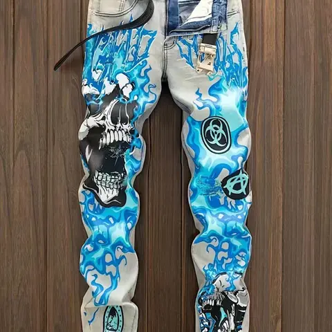 Men's Skull Print Denim Jeans, Regular Fit Casual Comfy Pencil Pants, Graphic Pants for Daily Wear, Fashion Men's Bottoms for All Seasons, Printed Pants