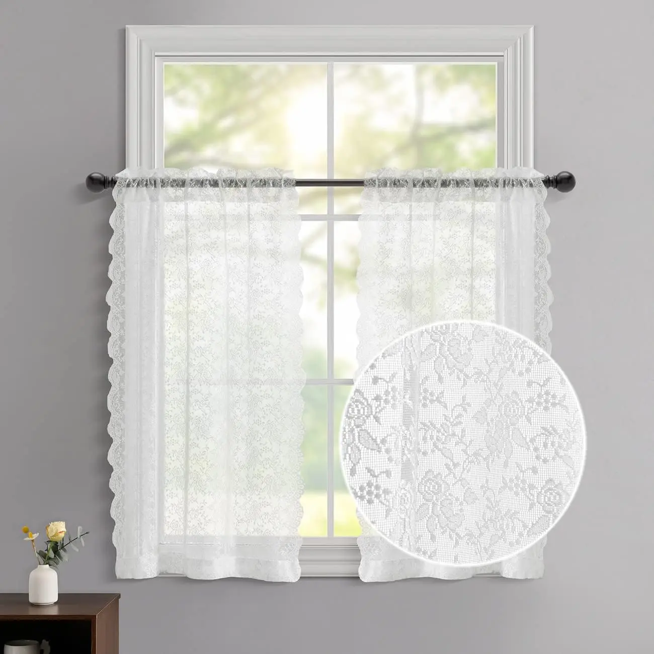 Lace Kitchen Curtains 24 Inch Length - Vintage Rose Floral Lace Curtains for Small Windows, Scalloped Macrame White Lace Tier Curtains for Kitchen, W25 x L24 Inch, 2 Panels, Off White