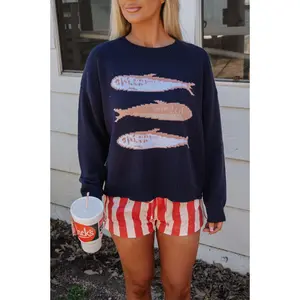 Round Neck Sardine Sweater-Navy